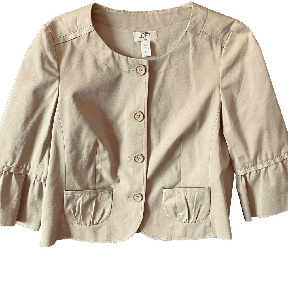 Ann Taylor Loft Blazer 10 petite Cotton Khaki 3/4 Sleeve lined